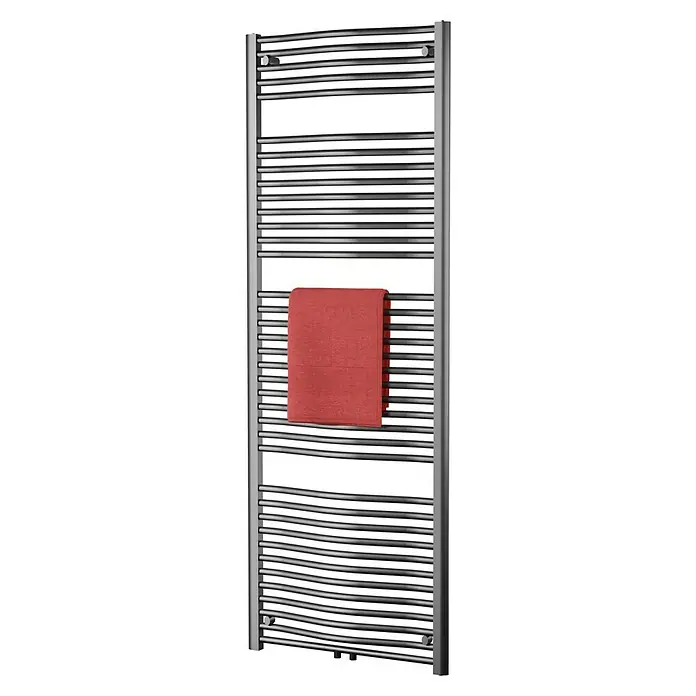 Admiral Badheizkörper Madrid - B x H: 600 x 1.770 mm, Wärmeleistung bei Vorlauftemperatur von 75 °C (D: 50): 1.090 W, Chrom - Eleganter Handtuchwärmer mit rotem Handtuch, ideal für moderne Badezimmer. Heizkörper sorgt für warme Handtücher und ein angenehmes Raumklima.