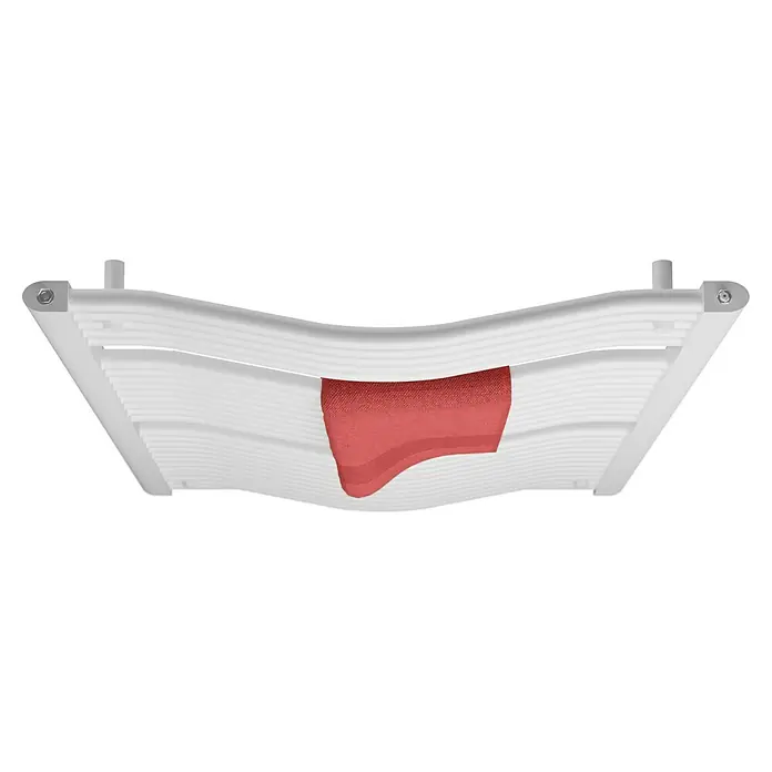 Admiral Badheizkörper Madrid - B x H: 600 x 1.210 mm, Wärmeleistung bei Vorlauftemperatur von 75 °C (D: 50): 750 W, Weiß - Nahaufnahme einer weißen Hängematte mit einem roten Kissen in der Mitte, die ein entspannendes und stilvolles Möbelstück zeigt.