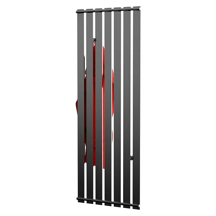 Admiral Designheizkörper Tokio - B x H: 550 x 1.500 mm, Chrom Effekt - Ansicht einer modernen, grauen Raumtrennung mit roten Akzenten, die sich ideal für Büro- oder Wohnräume eignet und ein stilvolles Ambiente schafft.