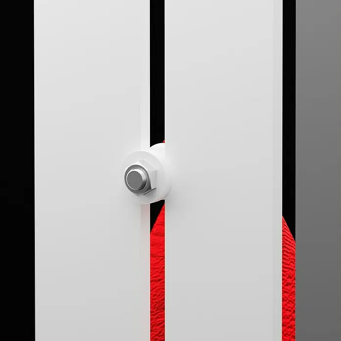 Bäderwelt Designheizkörper Tokio - B x H: 550 x 1.800 mm, Weiß - Detailaufnahme eines weißen Spannrahmens mit rotem Stoff, befestigt mit einer Schraube.