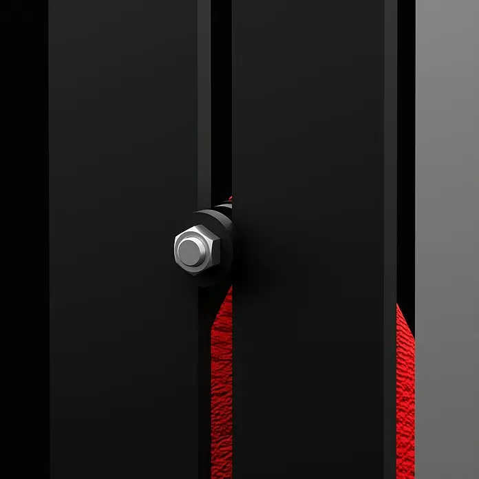 Bäderwelt Designheizkörper Tokio - B x H: 550 x 1.800 mm, Anthrazit - Detailaufnahme einer schwarzen Trainingsstation mit einer roten Zugvorrichtung, befestigt durch eine silberne Schraube.
