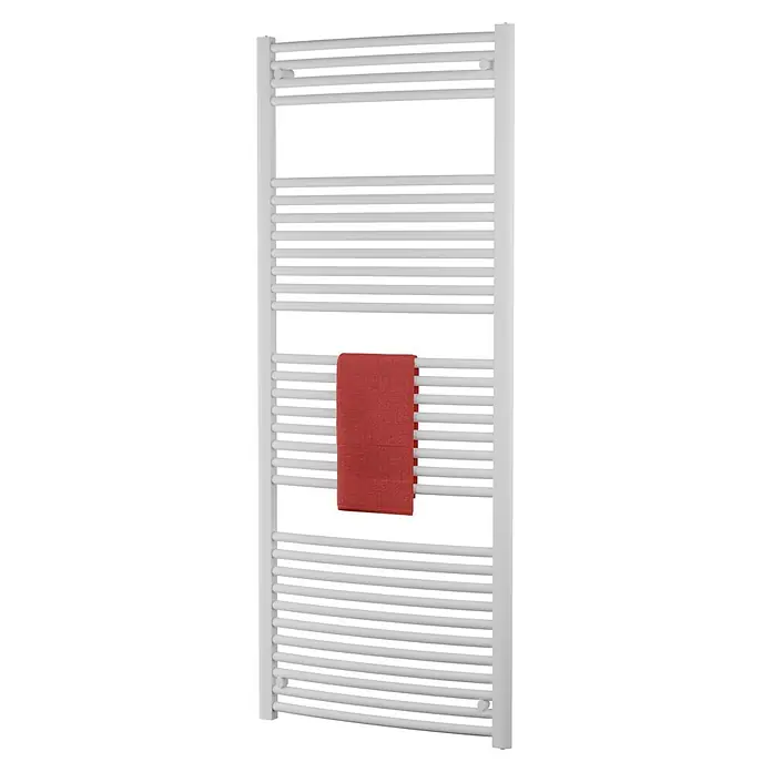 Admiral Badheizkörper Kairo - B x H: 600 x 1.570 mm, Wärmeleistung bei Vorlauftemperatur von 75 °C (D: 50): 830 W - Weißer Handtuchwärmer mit horizontalen Heizstäben und einem roten Handtuch in der Mitte.