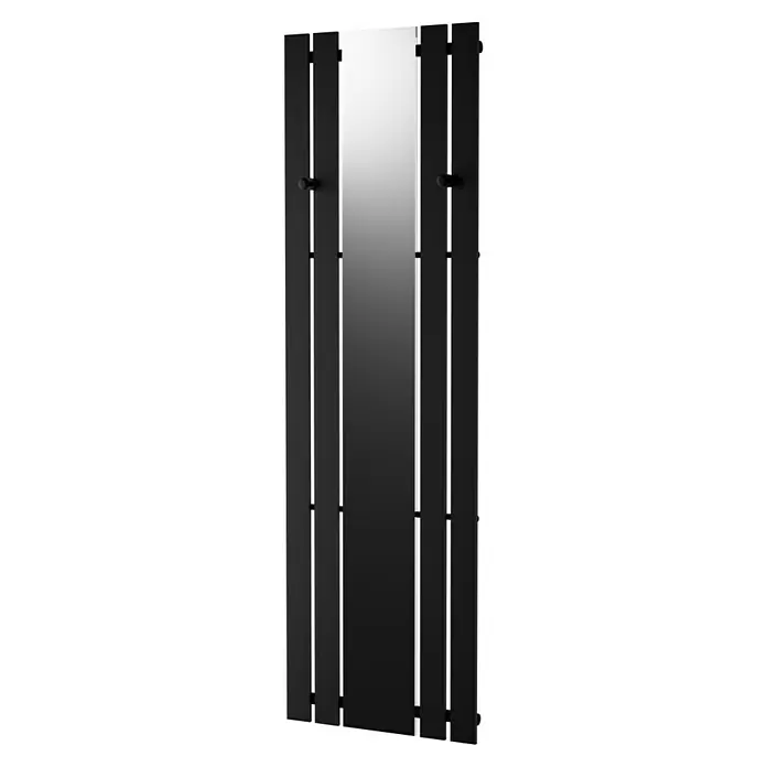 Bäderwelt Designheizkörper Tokio - B x H: 550 x 1.800 mm, Anthrazit - Ein schlanker, schwarzer Ganzkörperspiegel mit minimalistischem Design und seitlichen Aufhängungen für eine elegante Wandmontage.