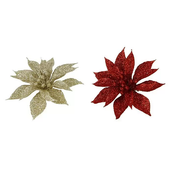 Kunstblume Weihnachtsstern - Durchmesser: 8 cm, 4 Stk. - Goldene und rote Glitzer-Weihnachtssterne zur Weihnachtsdekoration.