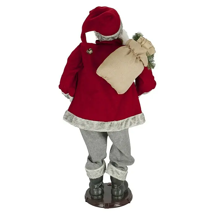Weihnachtsmann Singend und Tanzend - Höhe: 1,5 m, Funktionen: Singen/Bewegen - Rückansicht einer Weihnachtsmannfigur mit rotem Mantel, grauer Hose und Sack mit grünen Zweigen, die ein Gefühl von Weihnachten vermittelt.