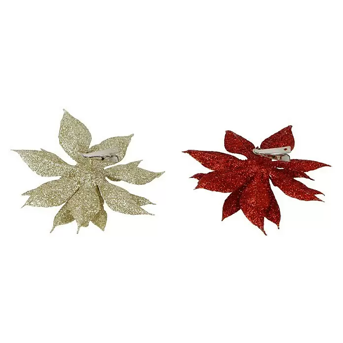 Kunstblume Weihnachtsstern - Durchmesser: 8 cm, 4 Stk. - Zwei glitzernde Poinsettien-Clips, gold und rot, mit Metallspangen auf der Rückseite.