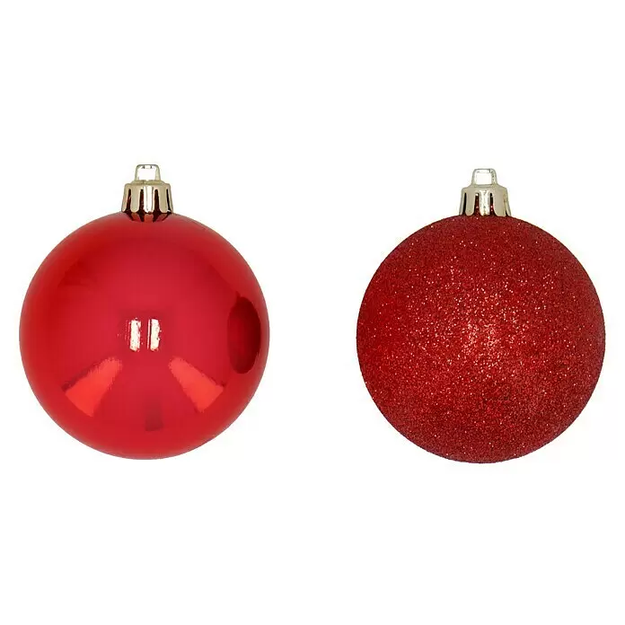 Christbaumkugel - Rot, Kunststoff, Durchmesser: 8 cm - Zwei rote Weihnachtskugeln: eine glänzend, eine glitzernd. Beide mit goldenen Kappen.