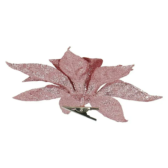 Dekoblüte Weihnachtsstern mit Clip - Durchmesser: 18 cm, Kunststoff, Rosa, Blume - Funkelnde rosa Kunstblume mit Clip, ideal zum Dekorieren von Gestecken oder als festlicher Haarschmuck.