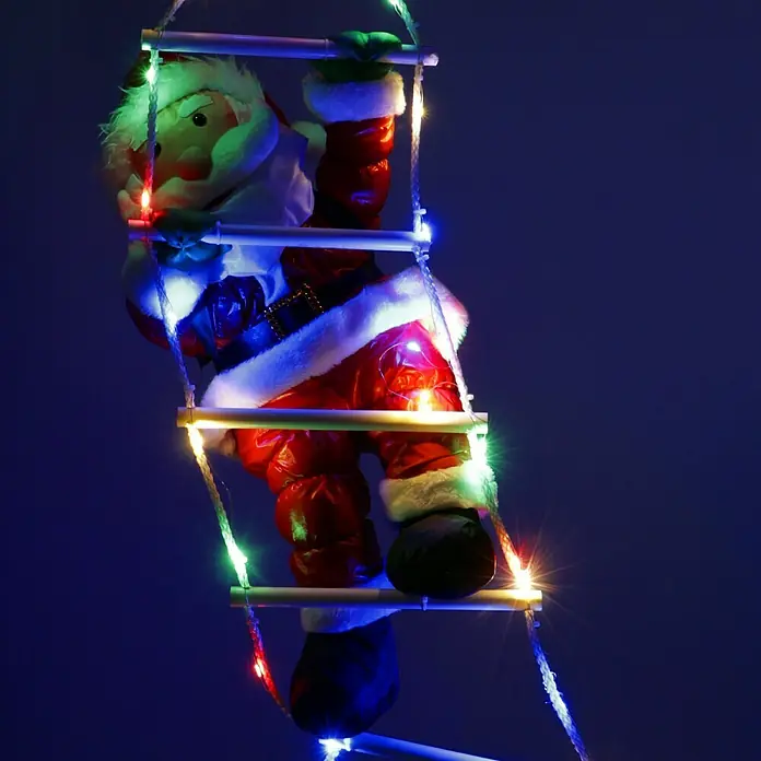 LED-Weihnachtsdekofigur mit LED Leiter - Rot, Weiß, Batteriebetrieben - Kletternder Weihnachtsmann mit LED-Lichtern auf einer Leiter, festliche Dekoration für die Weihnachtszeit, die eine fröhliche Atmosphäre schafft.