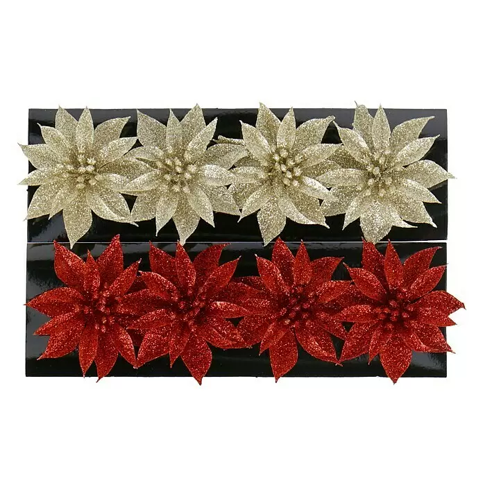 Kunstblume Weihnachtsstern - Durchmesser: 8 cm, 4 Stk. - Acht glitzernde goldene und rote Weihnachtsstern-Dekorationen.