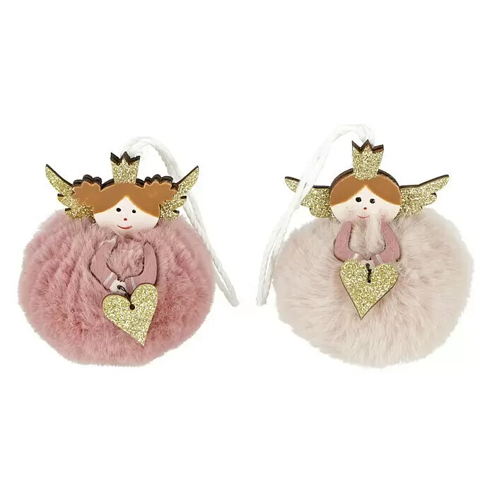 Christbaumschmuck Engel - B x H: 7 x 8 cm, 2 Stk. - Zwei flauschige Engelanhänger mit Holzgesichtern, Glitzerkronen, Flügeln und Herzanhängern, einer rosa und einer hellrosa.