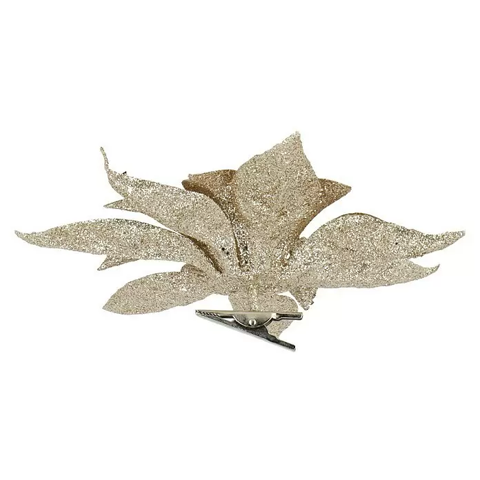 Dekoblüte Weihnachtsstern mit Clip - Durchmesser: 18 cm, Kunststoff, Champagner, Weihnachtsstern - Goldglitzer-Dekoblume mit Krokodilklemme.