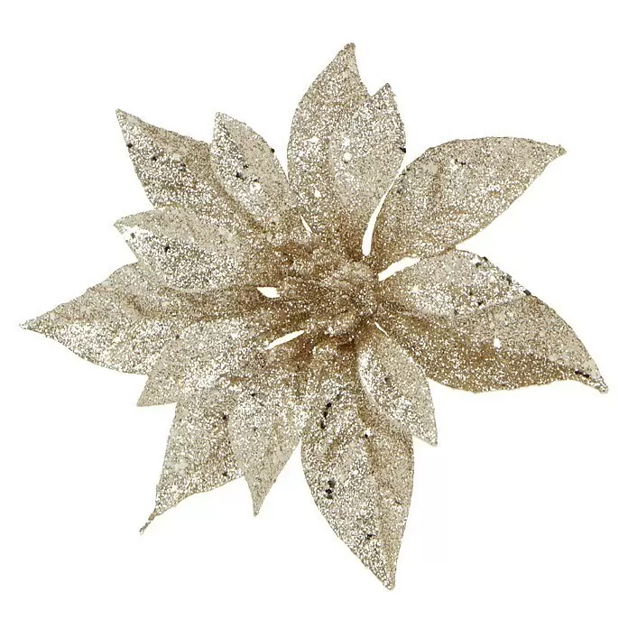 Dekoblüte Weihnachtsstern mit Clip - Durchmesser: 18 cm, Kunststoff, Champagner, Weihnachtsstern - Goldene Glitzer-Poinsettie Weihnachtsdekoration.