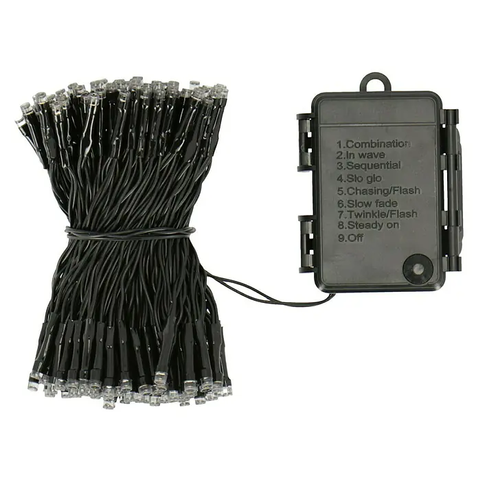 Guirnalda luminosa LED - Para exterior, 15 m, Color de luz: Blanco cálido, Número de bombillas: 192 ud., Funciona con pilas - Guirnalda de luces con varios modos y un compartimento para pilas que ofrece nueve ajustes diferentes, incluyendo combinación, onda y opciones fijas.