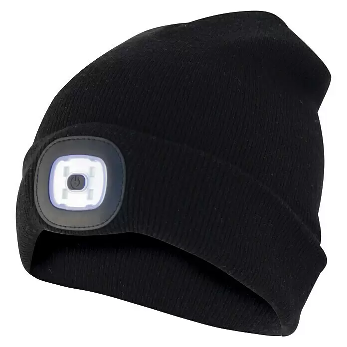 Velamp Gorro Lighthouse - LED, Negro, Textil - Gorro de punto negro con linterna frontal LED brillante integrada y botón de encendido central.