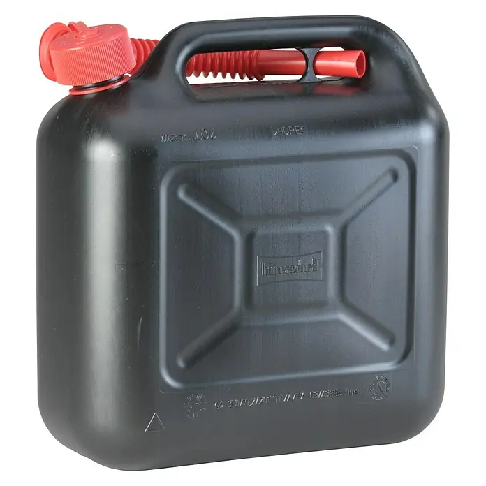 Hünersdorff Kunststoffkanister - Fassungsvermögen: 10 l, HDPE-Kunststoff - Schwarzer Kraftstoffkanister aus Kunststoff mit rotem Ausgießer und Griff. Ideal zum Transport von Kraftstoffen.