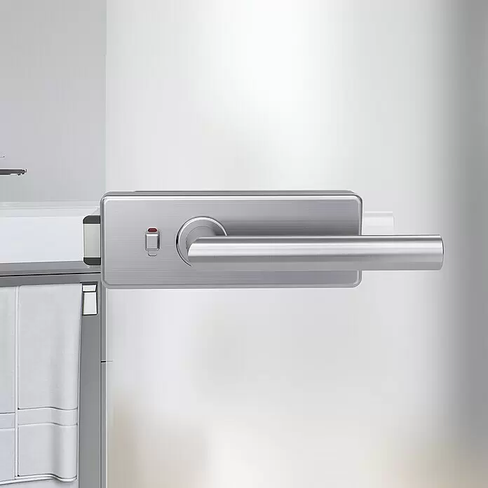 Diamond Doors Glastürbeschlag Style Premium WC - Edelstahloptik, Bandbohrung/Bänder: Office 3-teilig, WC-Schloss - Detailaufnahme