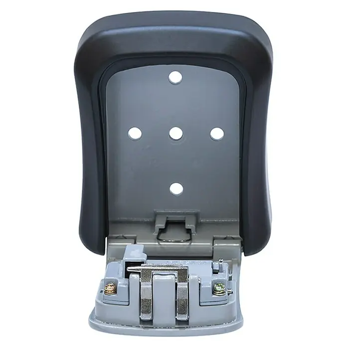 Stabilit Schlüsselbox CBO 704 - L x B x H: 8,8 x 3,9 x 12 cm, Schwarz/Silber - Nahaufnahme einer Schlüsselbox mit Öffnung und Montagelöchern, ideal für die sichere Schlüsselaufbewahrung im Außenbereich.