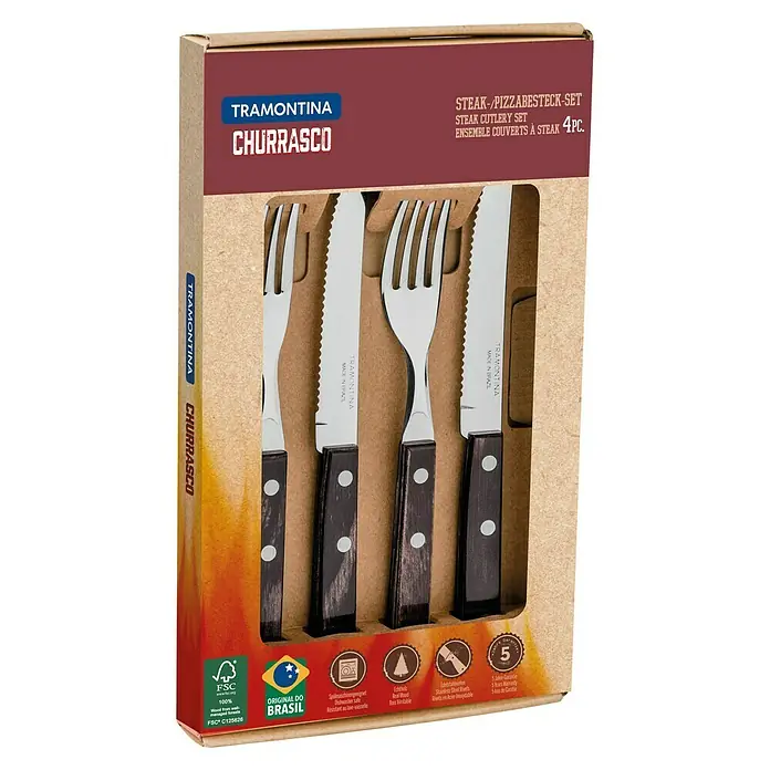Tramontina Steak- & Pizzabesteck - 4 -tlg. - Das Tramontina Churrasco Steak-/Pizzabesteck-Set mit Holzgriffen, 4-teilig, für ein stilvolles Esserlebnis.
