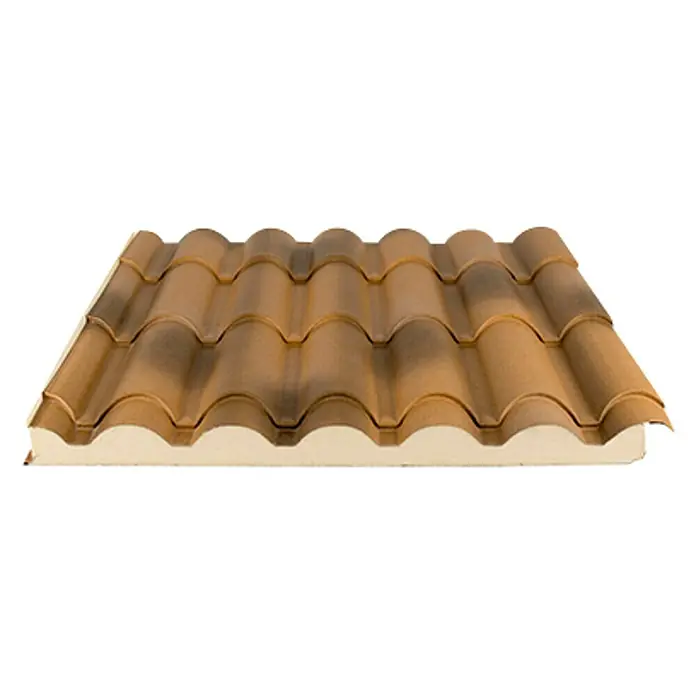Panel de sándwich  Coppo Piano - 3,5 m x 1 m x 45 mm, Alvero - Primer plano de una teja de forma clásica. El patrón de la teja crea un perfil ondulado y proporciona un aspecto tradicional.