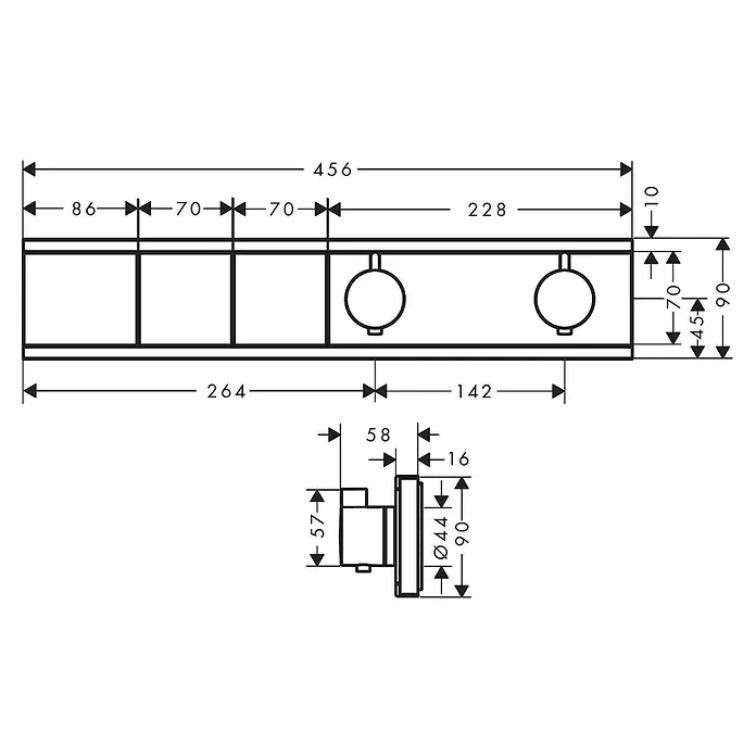 Hansgrohe UP-Thermostatarmatur RainSelect - Eckig, Chrom, Glänzend, Anzahl Absperrventile: 2 Stk. - Technische Zeichnung einer Badarmatur mit Maßen.