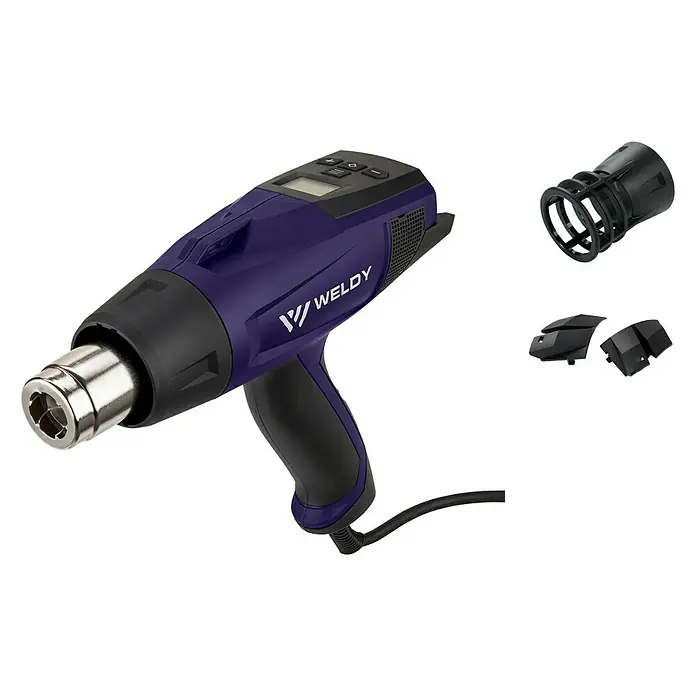 Weldy Heißluftgebläse HG 530-A Car-Wrap-Kit - 2.300 W, Temperaturbereich: 80 °C - 650 °C - Ein Weldy Heißluftgebläse mit Zubehör. Das Gerät ist dunkelblau und hat einen schwarzen Griff sowie eine Düse aus Metall.