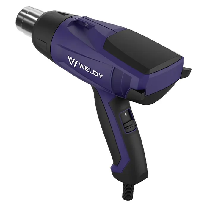Weldy Heißluftgebläse HG 330-B - 1.600 W, Temperaturbereich: 350 °C - 550 °C - Abbildung einer WeldY-Heißluftpistole in Lila und Schwarz. Sie ist für verschiedene Anwendungen konzipiert und bietet präzise Hitzekontrolle.
