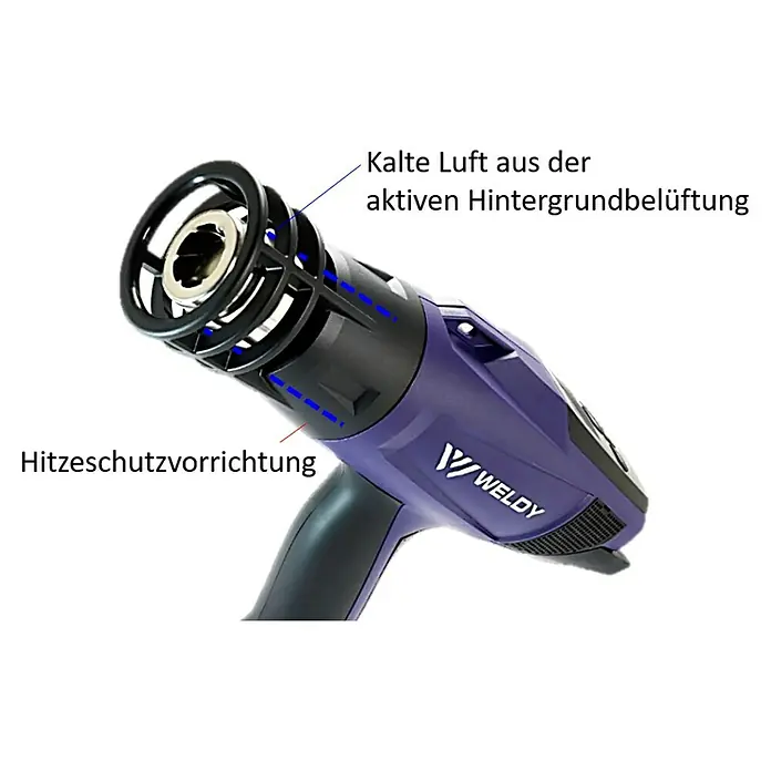 Weldy Verbrennungsschutz - Passend für: Weldy Heißluftgebläse Serie HG330 und HG530 - Ein violettes Heißluftgebläse von Weldy mit schwarzem Griff und Aufsatz, ideal für professionelle Anwendungen im Handwerk.