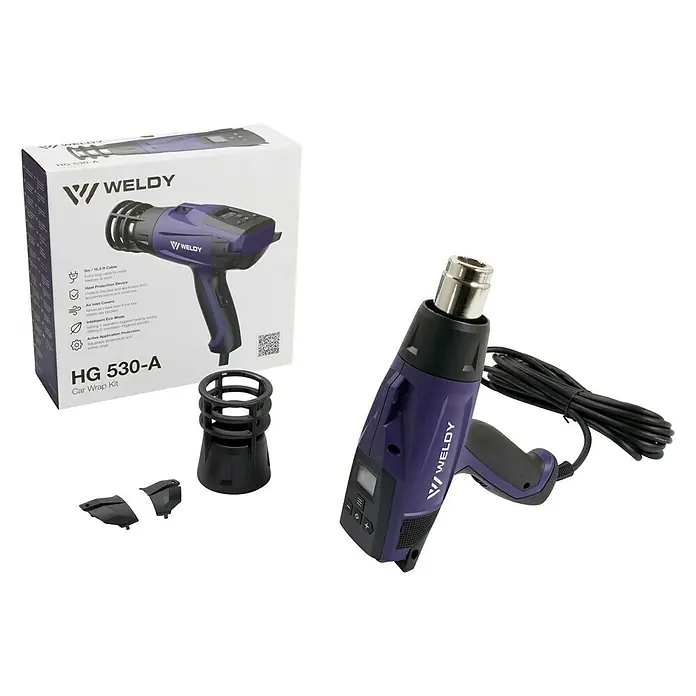 Weldy Heißluftgebläse HG 530-A Car-Wrap-Kit - 2.300 W, Temperaturbereich: 80 °C - 650 °C - Das Weldly HG 530-A Car Wrap Kit, ein Heißluftgebläse mit Zubehör, perfekt zum Folieren von Autos und anderen Oberflächen.