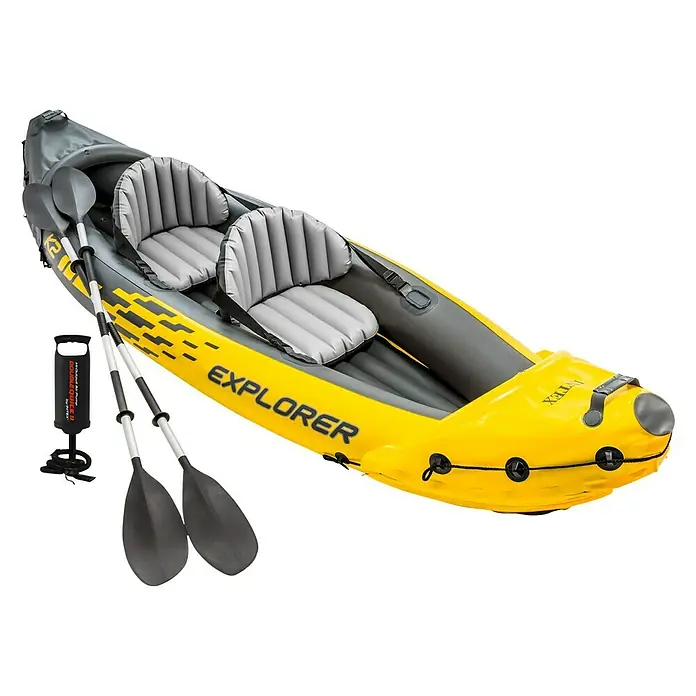Intex Kajak Explorer K2 - 313 x 92 cm, Nutzlast: 160 kg, Geeignet für: 2 Personen - Gelbes Intex Explorer K2-Kajak für zwei Personen mit Paddeln und Pumpe für Outdoor-Abenteuer auf dem Wasser.