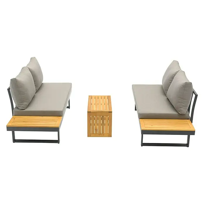 Sunfun Conjunto de muebles Keyla - 3 pzs., Madera de acacia/Aluminio, Gris/Negro - Juego de jardín con dos sofás y una mesa de madera. Perfecto para relajarse al aire libre. El juego está hecho de materiales de alta calidad.