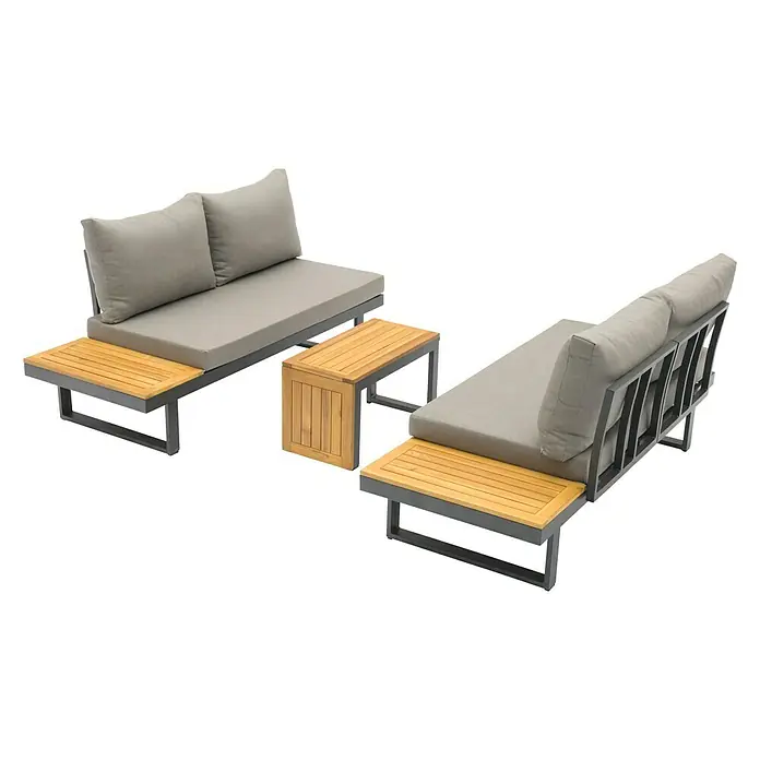 Sunfun Conjunto de muebles Keyla - 3 pzs., Madera de acacia/Aluminio, Gris/Negro - Elegante conjunto de muebles de exterior con dos sofás con cojines grises y una mesa de madera a juego para relajarse con estilo.