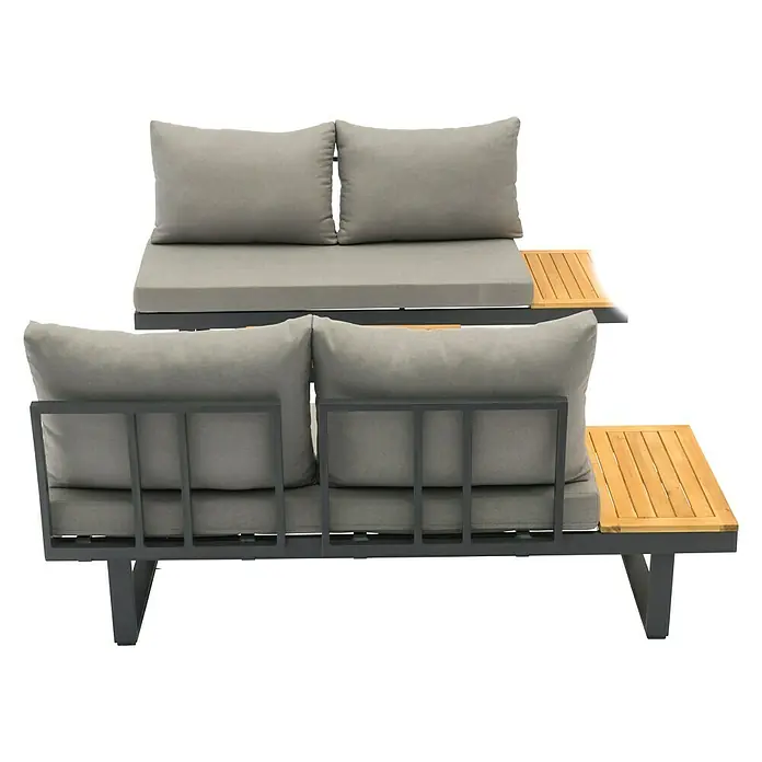 Sunfun Conjunto de muebles Keyla - 3 pzs., Madera de acacia/Aluminio, Gris/Negro - Moderno conjunto de salón con cojines grises y elementos de madera para uso exterior. Ideal para horas de relax en el jardín.