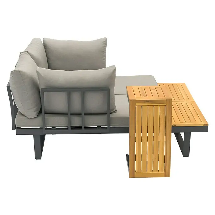 Sunfun Conjunto de muebles Keyla - 3 pzs., Madera de acacia/Aluminio, Gris/Negro - Conjunto de lounge para exteriores con estructura gris y detalles de madera, ideal para relajarse al aire libre. Ofrece confort y diseño elegante.
