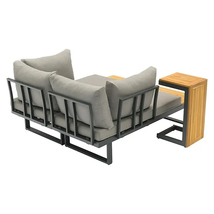 Sunfun Conjunto de muebles Keyla - 3 pzs., Madera de acacia/Aluminio, Gris/Negro - Esta imagen muestra un moderno sofá de exterior con cojines grises y una mesa auxiliar de madera, perfecto para relajarse al aire libre.