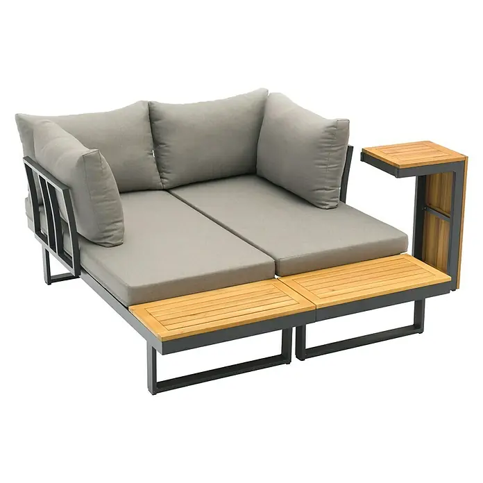 Sunfun Conjunto de muebles Keyla - 3 pzs., Madera de acacia/Aluminio, Gris/Negro - El diván gris con estantes de madera y marco metálico ofrece comodidad y funcionalidad para uso exterior.
