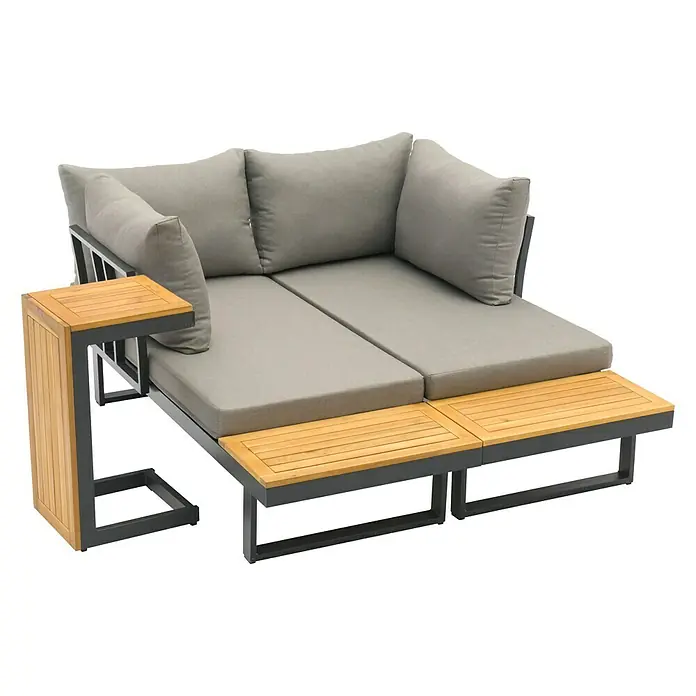 Sunfun Conjunto de muebles Keyla - 3 pzs., Madera de acacia/Aluminio, Gris/Negro - Sofá de exterior gris con mesas auxiliares de madera para momentos de relax al aire libre.