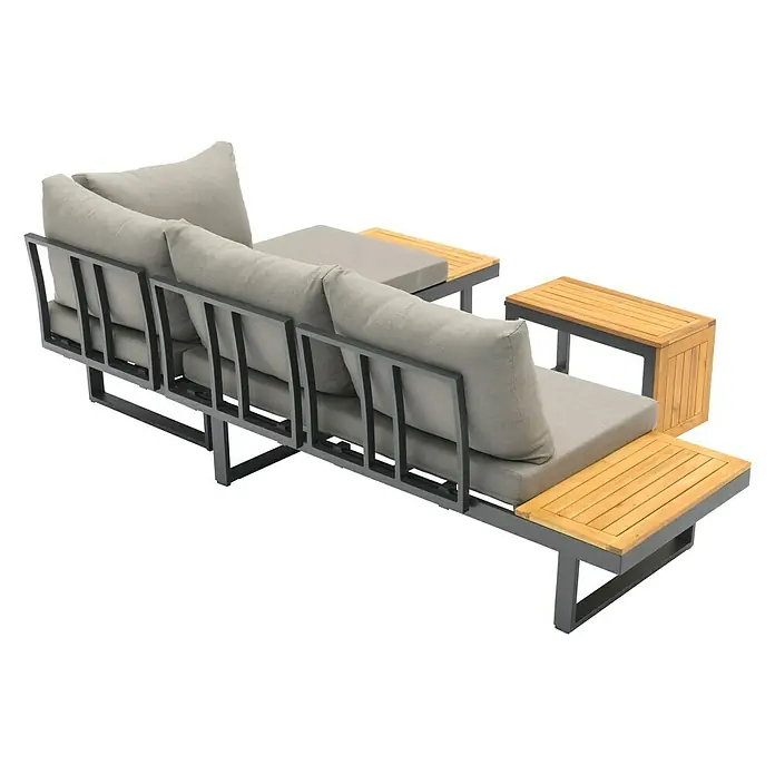 Sunfun Conjunto de muebles Keyla - 3 pzs., Madera de acacia/Aluminio, Gris/Negro - Elegante sofá gris con detalles de madera, combinando confort y sofisticación para tu espacio exterior. Perfecto para relajarse al aire libre con estilo.