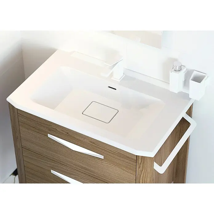 Creabath Lavabo empotrado MX8 - 48,5 x 101 x 16,6 cm, Orificios para grifo: Medio, Blanco, Brillante - Vista detallada de un moderno mueble de baño con cajones de madera, un lavabo blanco y accesorios para un baño elegante.