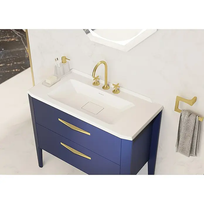 Creabath Lavabo empotrado MX8 - 48,5 x 101 x 16,6 cm, Orificios para grifo: Medio, Blanco, Brillante - El lavabo azul con accesorios dorados y toallero ofrece un elemento de mobiliario de baño moderno y elegante.