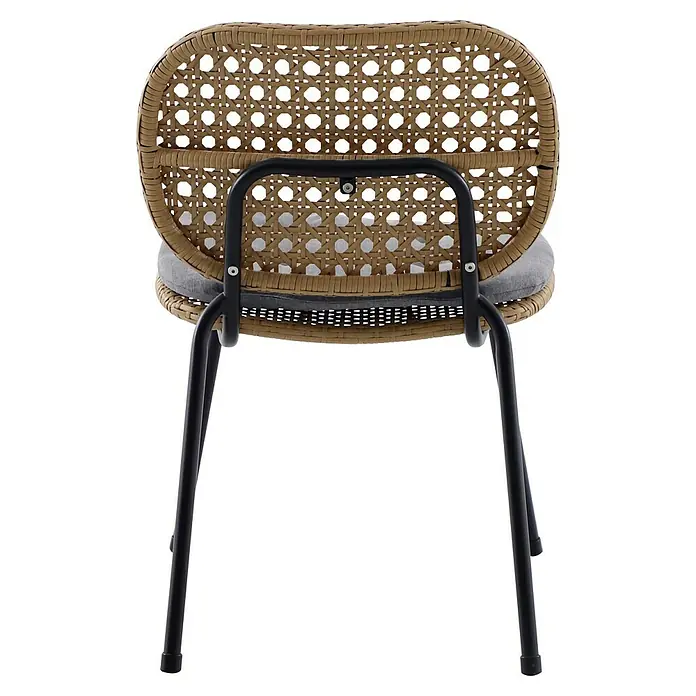 Sunfun Melina Gartenstuhl - Polyethylen, Polypropylen, Stapelbar, Braun, B x T x H: 54 x 59 x 82 cm - Rattan-Stuhl von hinten mit einem grauen Sitzkissen und einem schwarzen Gestell. Das Flechtmuster ist detailliert dargestellt.