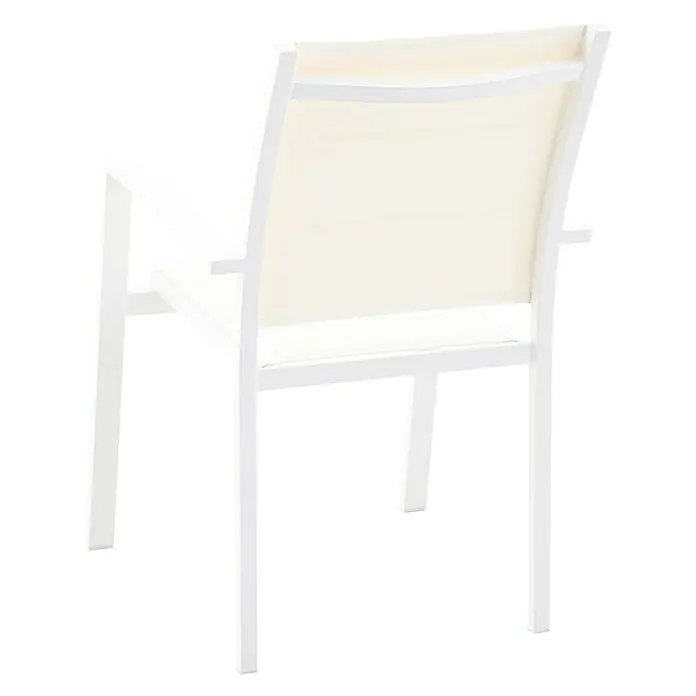 Sunfun Silla de jardín Nancy - 56,5 x 63 x 90 cm, Blanco, Apilable - Primer plano de un sillón blanco con respaldo de tela color crema, ideal para espacios exteriores elegantes.