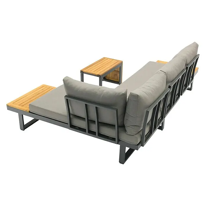 Sunfun Conjunto de muebles Keyla - 3 pzs., Madera de acacia/Aluminio, Gris/Negro - Un sofá moderno para exteriores con estantes de madera y marco gris, ideal para momentos de relax al aire libre.