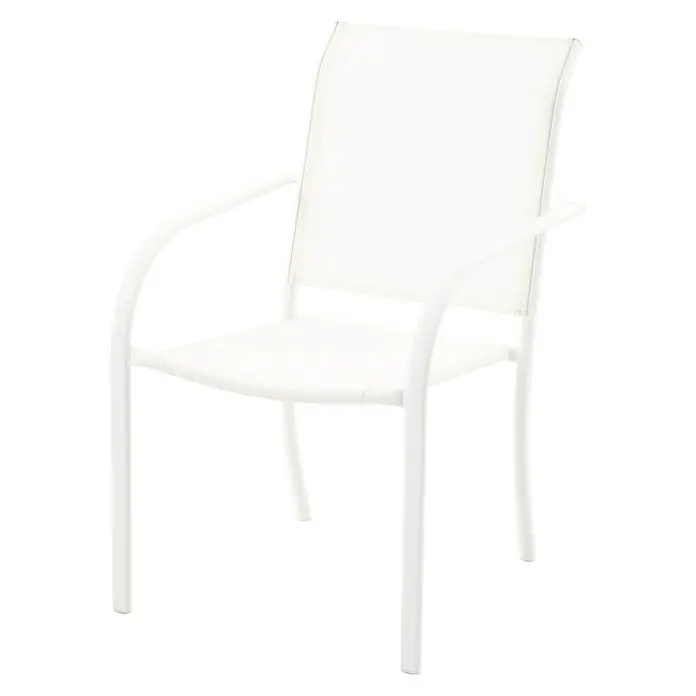 Sunfun Silla de jardín Lea - 56 x 66 x 86 cm, Blanco, Acero/Textiline, Apilable - Primer plano de una butaca blanca, perfecta para patios o comedores al aire libre. Las líneas limpias destacan su diseño moderno.