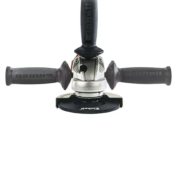 Einhell Power X-Change 18V Akku-Winkelschleifer TE-AG 18/115 Li-SoloAcc - 18 V, Ohne Akku, Durchmesser Scheibe: 115 mm - Bild einer Einhell Winkelschleifmaschine mit drei Griffen. Das Gerät ist silberfarben mit schwarzen Griffen und Schleifscheibe.