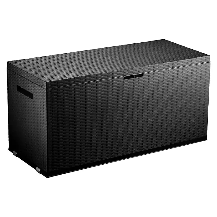 Jelenia Plast Garten-Aufbewahrungsbox Nizza - L x B x H: 120 x 52 x 60 cm, Polyrattan - Ein dunkler, geflochtener Aufbewahrungskasten mit Deckel, ideal für Garten und Terrasse, bietet viel Stauraum.