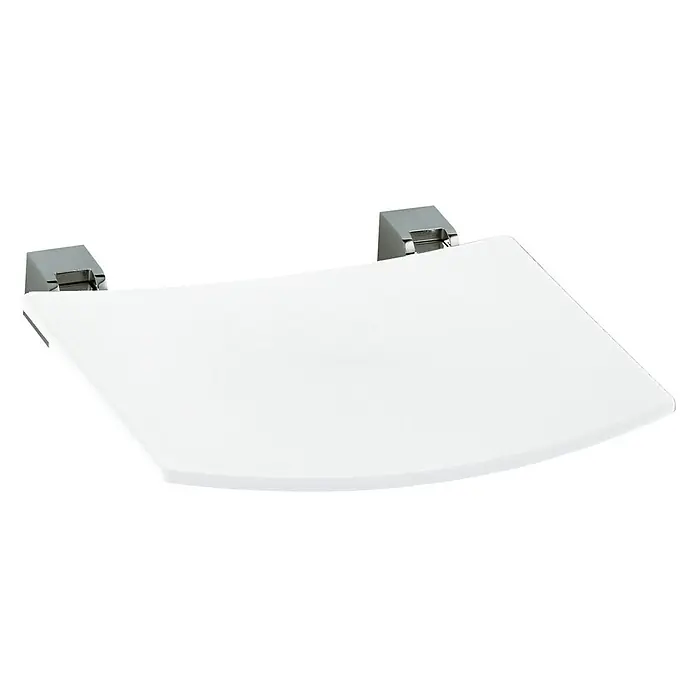 Keuco Plan Duschklappsitz - 34 x 36,5 cm, Belastbarkeit: 110 kg, Weiß - Hier ist eine schwebende Duschablage aus weißem Material mit glänzenden Chromhalterungen, die eine elegante Ergänzung für jedes Badezimmer darstellt.