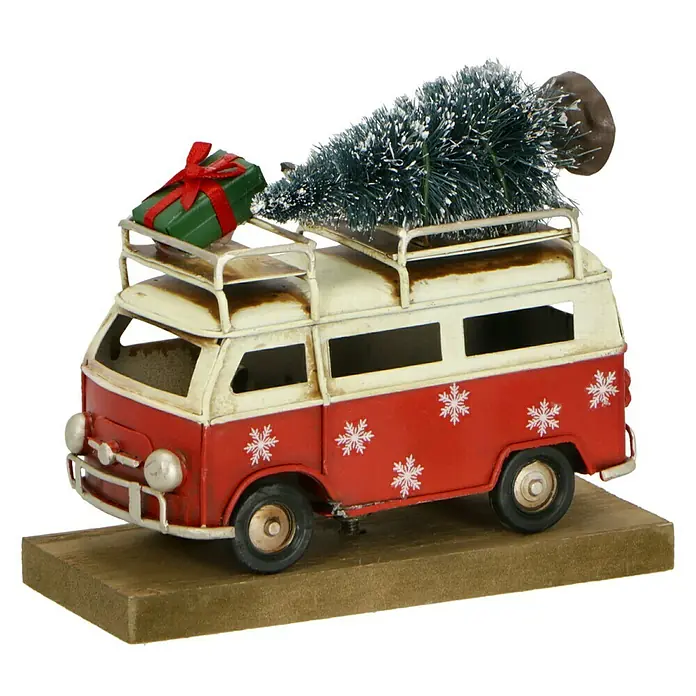Dekofigur Weihnachtsbus - L x B x H: 12 x 5 x 10 cm, Metall, X-Mas - Dekorativer VW-Bus mit Weihnachtsbaum und Geschenk auf dem Dach, ideal für festliche Dekorationen.