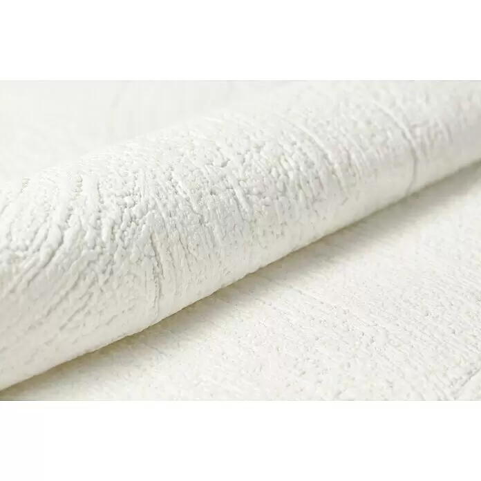 Rasch Vliestapete - Beige/Creme, Uni, 10,05 x 0,53 m, Spachtelstruktur - Teilweise ausgerollte weiße Materialrolle mit ausgeprägter genarbter Textur.