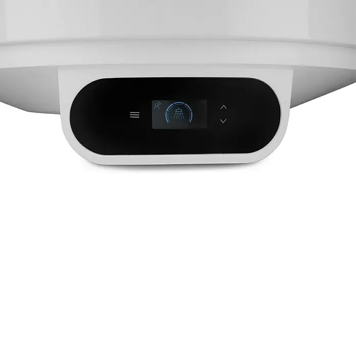 Bosch Termo eléctrico Tronic 4000T 80 - 80 l, 2.000 W, Montaje en la pared - Primer plano de un calentador electrónico blanco con una pantalla digital que muestra varias configuraciones.